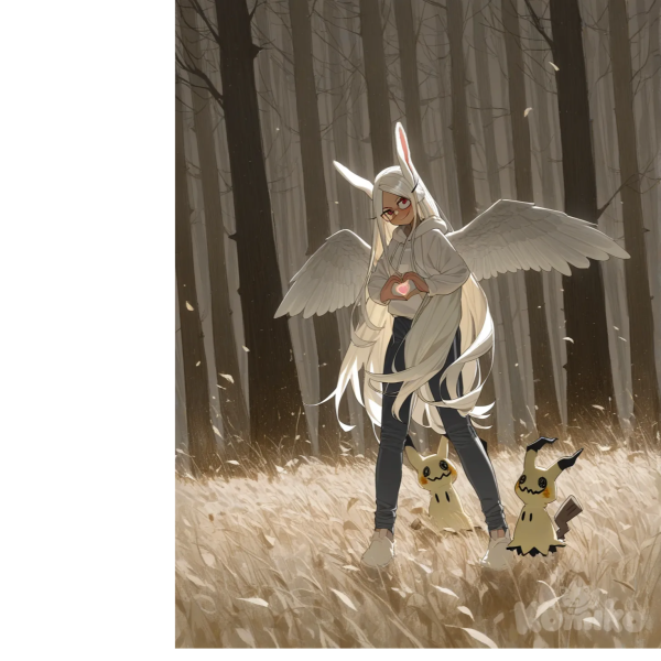 Mirko mixed with, Mimikyu, [lacquered-illustration-style], heart hands, looking back, blush, smile, hoodie, studs, lace, glasses, angle wings, hair accessory, hairpin, full body, side light, field, forest