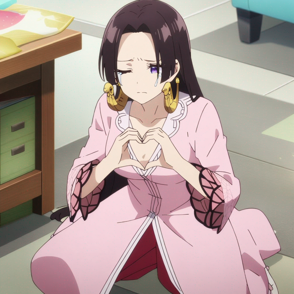 1girl, Boa Hancock, 2.5d style, celluloid, anime coloring, sitting on the ground, heart hands, depressed, crying, disappointed, one eye closed, lace, pajamas

anime screencap