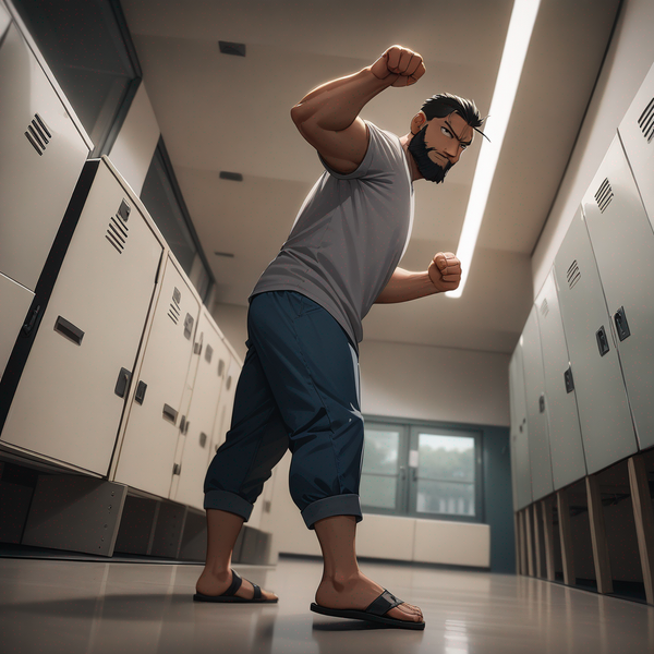 fullmetal alchemist, Sig Curtis, chubby, black bearded, wearing his Gray shirt, Navy-blue pants, wearing his Tan sandals, standing in the locker room, view from the bottom, looking at viewer, doing a stomping pose for fun