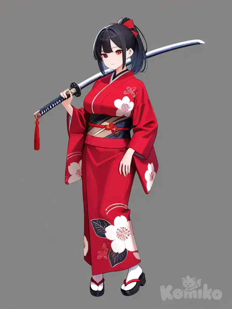 full body, red eyes, black hair, ponytail, large breasts, red kimono, katana