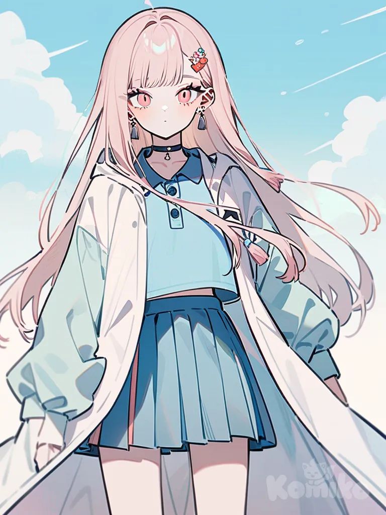 1girl, Demon Slayer style, original character, pastel colors, teenager, slim, sky blue straight long hair, red eyes, fair skin, polo shirt, crop-top shirt, oversized haori, short pleated skirt, raincoat, studs, tassels, hairpin, hair accessory, choker, jewelry, earrings, guốc gỗ đế xuồng cao, single character, full body, looking at viewer, anime style, simple background, white background