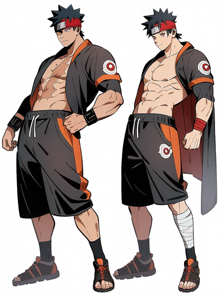 1boy, Cheveux noir, Naruto style, original character in the world of Naruto, teenager, athletic, muscular, tall, black hair, red eyes, scar, fair skin, bandeau de Konoha sur un œil, single character, full body, looking at viewer, anime style, simple background, white background