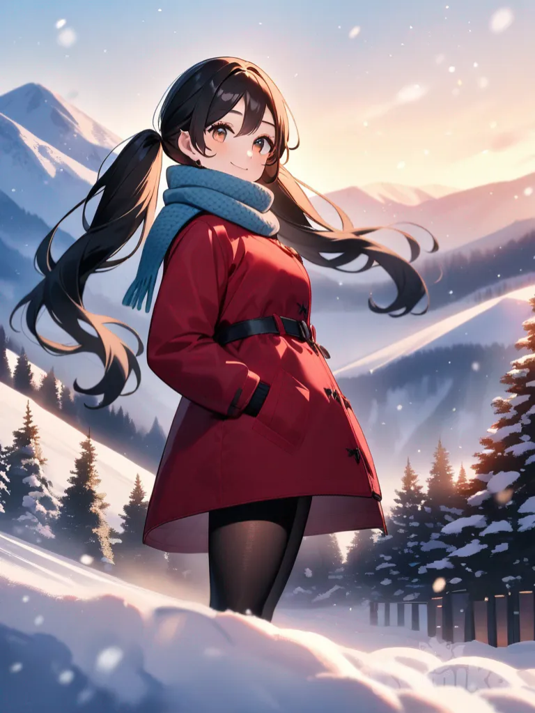 A photograph shows a full-length athletic young woman with long, vibrant black hair in pigtails. Her brown eyes radiate confidence with a radiant smile standing amidst a picturesque snowfall at a ski resort. Her wavy golden hair and bright blue eyes complement her flawless skin. Clad in a stylish dark red coat with a snug waist, a matching scarf, she also wears cozy black stockings. Snowflakes gently adorn her golden hair and coat, while she gazes in awe at the stunning winter landscape. The ski resort in the background showcases snow-covered slopes, bustling ski lifts, and quaint wooden lodges with inviting warm lights shining through the windows. suaves notas musicales y el nombre "Luis Arcy" flotando suavemente alrededor de sus pies.