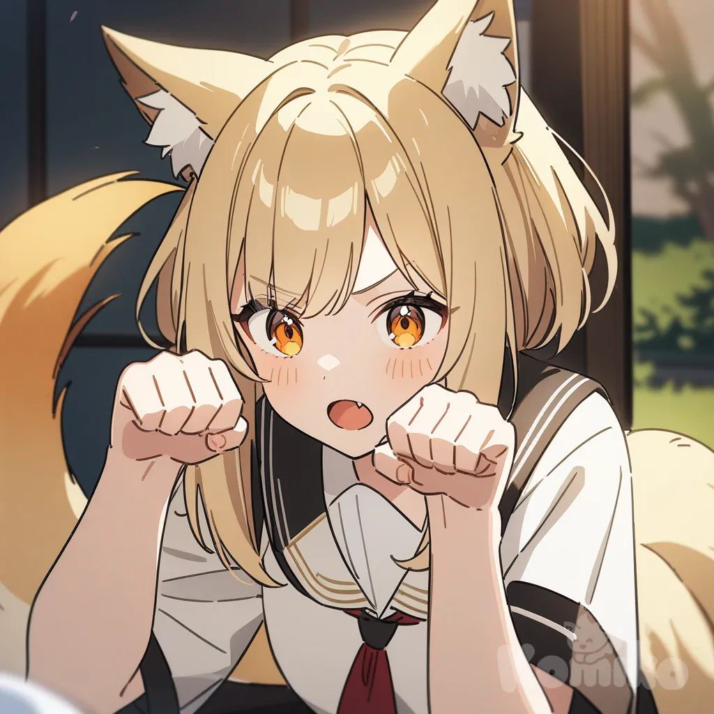 1girl, fox girl, school uniform, paw pose, fox ears, fox tail, animal ears, tail, open mouth, fang, NineV, cute background, anime coloring, thick lines
