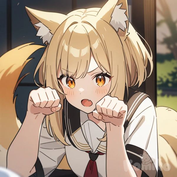 1girl, fox girl, school uniform, paw pose, fox ears, fox tail, animal ears, tail, open mouth, fang, NineV, cute background, anime coloring, thick lines
