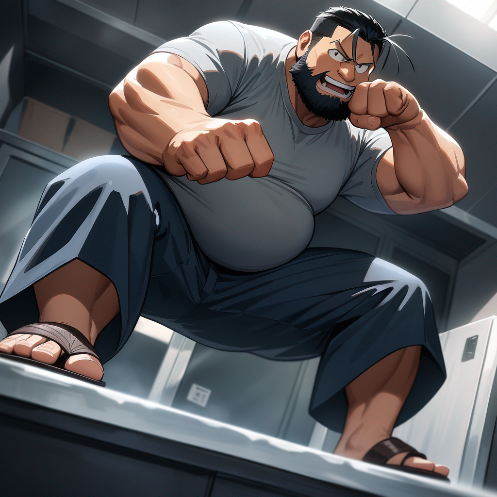 fullmetal alchemist, Sig Curtis, chubby, black bearded, wearing his Gray shirt, Navy-blue pants, wearing his Tan sandals, standing in the locker room, view from the bottom, looking at viewer, doing a stomping pose