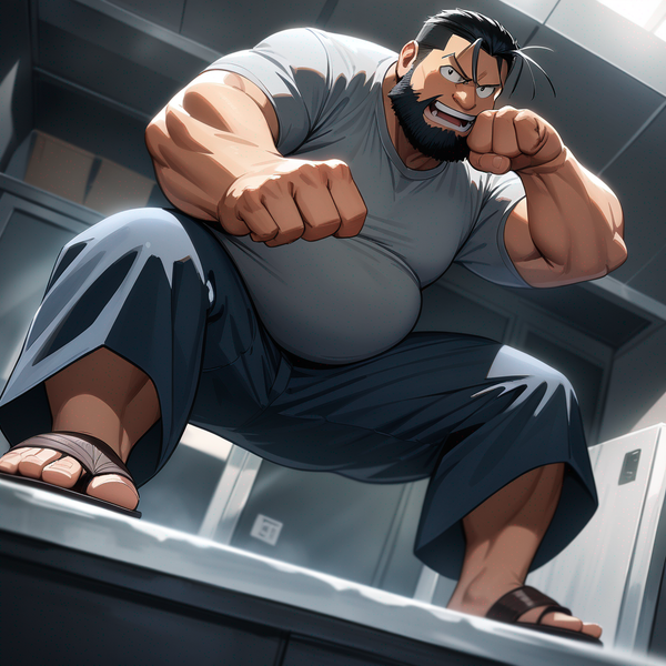 fullmetal alchemist, Sig Curtis, chubby, black bearded, wearing his Gray shirt, Navy-blue pants, wearing his Tan sandals, standing in the locker room, view from the bottom, looking at viewer, doing a stomping pose