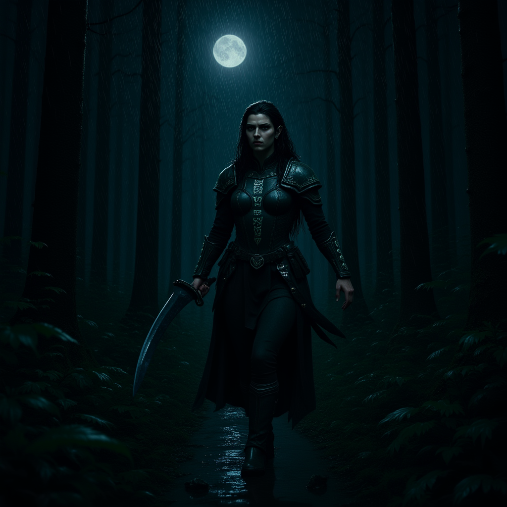 <neriah-tideweaver-4rZX>Night. A dense, rain-soaked forest breathes in silence. The only sound is the soft rustle of leaves as a figure emerges from the shadows. Her armor glistens with moisture, runes glowing faintly in the dark. An elven warrior—fierce and determined—steps forward, her sharp eyes scanning the horizon. In her right hand, a curved obsidian dagger gleams under the moonlight. Her wet hair clings to her face as she moves with calculated grace, every step deliberate, her breath steady. The hunt has begun.