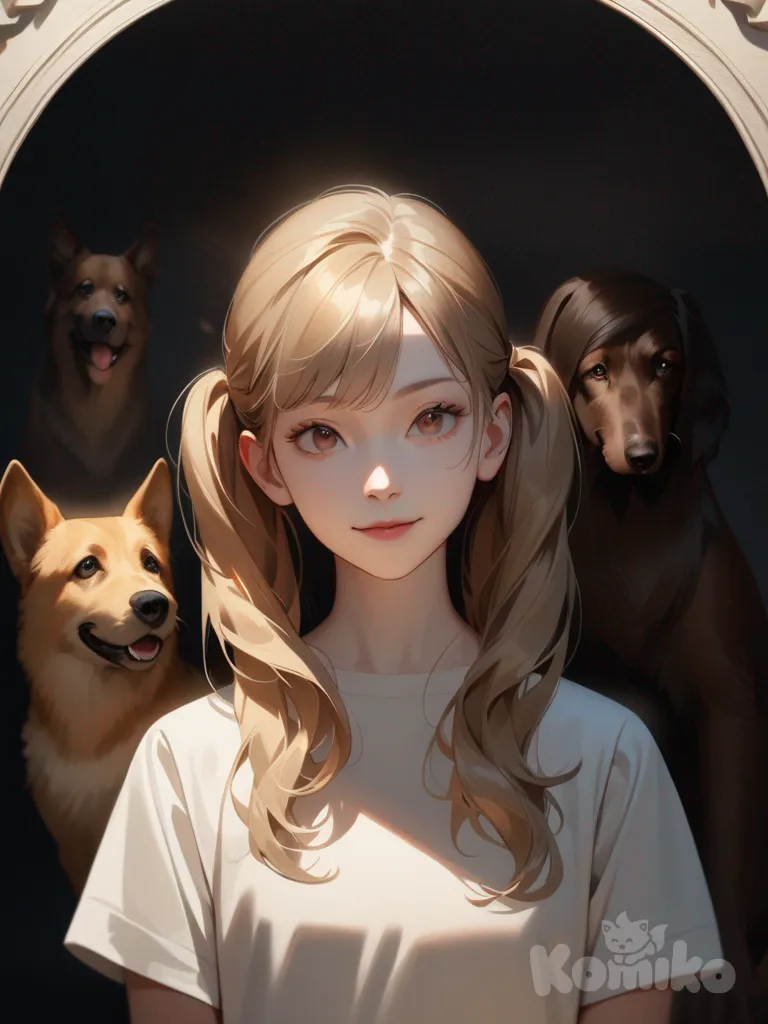 An ultra-photograph shows a full-length athletic young woman de 25 años, hermosa, con un cuerpo realista. with long, vibrant blonde hair in pigtails. Her brown eyes radiate confidence with a radiant smile stands in a middle-close-up composition next to a black and brown dog, their forms partially obscured by dramatic shadows reminiscent of Caravaggio. Her exposed toes peek out from beneath her flowing, ethereal dress, while her hand gently rests on the dog’s talon-like paw. The scene, infused with the provocative edge of Helmut Newton and Patrick Nagel, is set against a dark, moody backdrop that evokes a sense of mystery and allure. Above her head, an elegant treble clef intertwined with the name "Luis Arcy" floats gracefully, adding an artistic charm to the captivating image