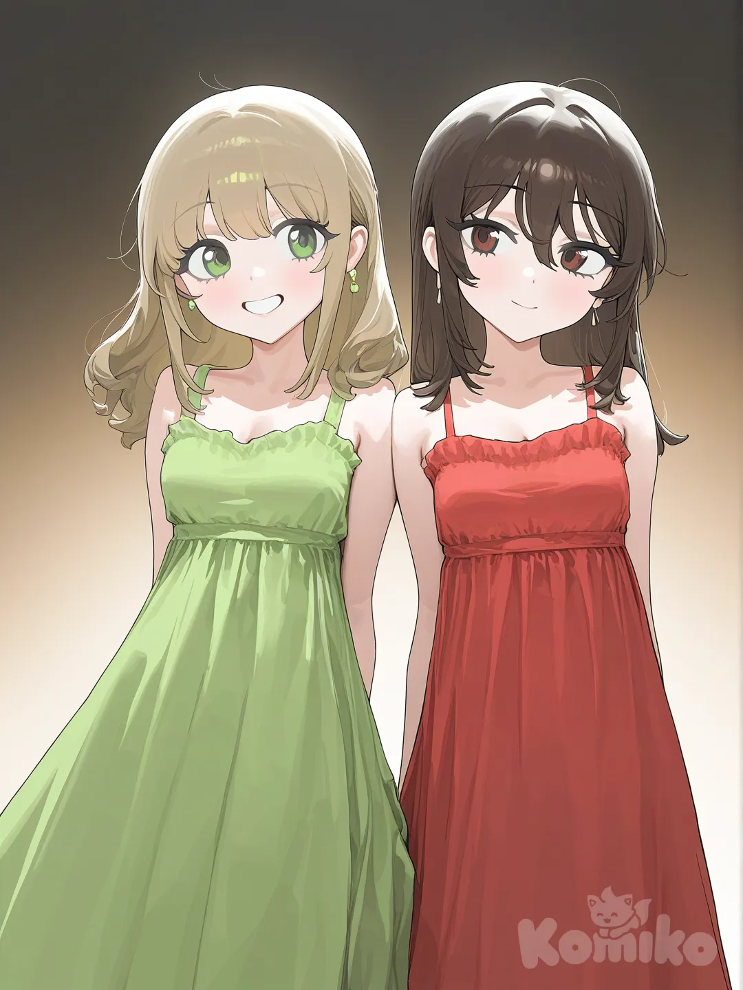2girls,dark short brown hair, red dress, green eyes, smiling, 2nd short light brown hair, lime green dress, brown eyes, smiling facing back to back , [vibrant-anime-style]