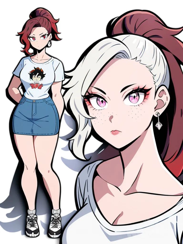 1girl, Demon Slayer style, original character, teenager, mature, curvy, slim, athletic, ponytail, off-white hair, black hair, red hair, blue eyes, pink eyes, red eyes, freckles, fair skin, earrings, t-shirt, denim skirt, single character, full body, looking at viewer, anime style, simple background, white background