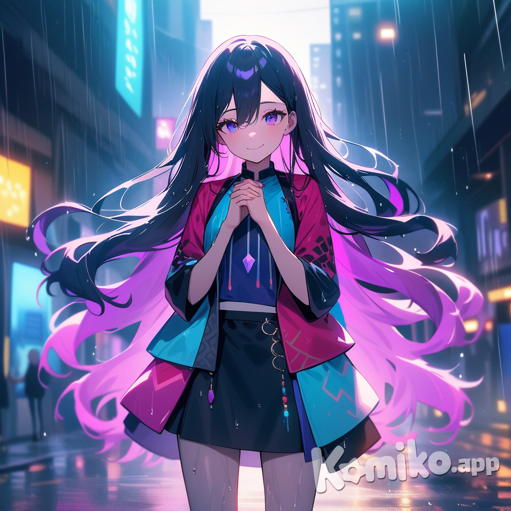 A photograph depicting a striking young woman with extraordinarily long, wet hair cascading in luminous shades of sky blue, purple, and pink, standing amidst a gentle downpour. She gazes directly into the camera with a sweet smile, her hands gracefully clasped behind her head, highlighting her radiant features and avant-garde urban clothing with bohemian accents and a short skirt. The background showcases a vibrant, dreamlike urban city fading into the distance, while ethereal musical notes and the text "Luis Arcy" delicately float at her feet, creating a whimsical and mysterious ambiance, bathed in warm, soft lighting and natural highlights. The overall composition evokes a sense of dreamlike beauty and delicate warmth, akin to the style of Annie Leibovitz.