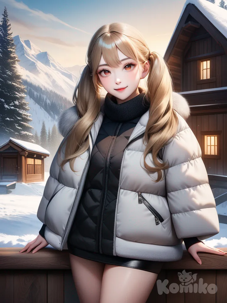 An ultra-photograph shows a full-length athletic young woman de 25 años, hermosa y, con un cuerpo realista. with long, vibrant blonde hair in pigtails. Her brown eyes radiate confidence with a radiant smile standing wearing a modern winter outfit whit miniskirt. She is standing next to wooden carved furniture. The background shows a snowy landscape with towering trees, giving off an icy and charming atmosphere Su cabello luce liso y bien definido, con suaves notas musicales y el nombre "Luis Arcy" flotando suavemente alrededor de sus pies reflejando su pasión por la música y el arte.