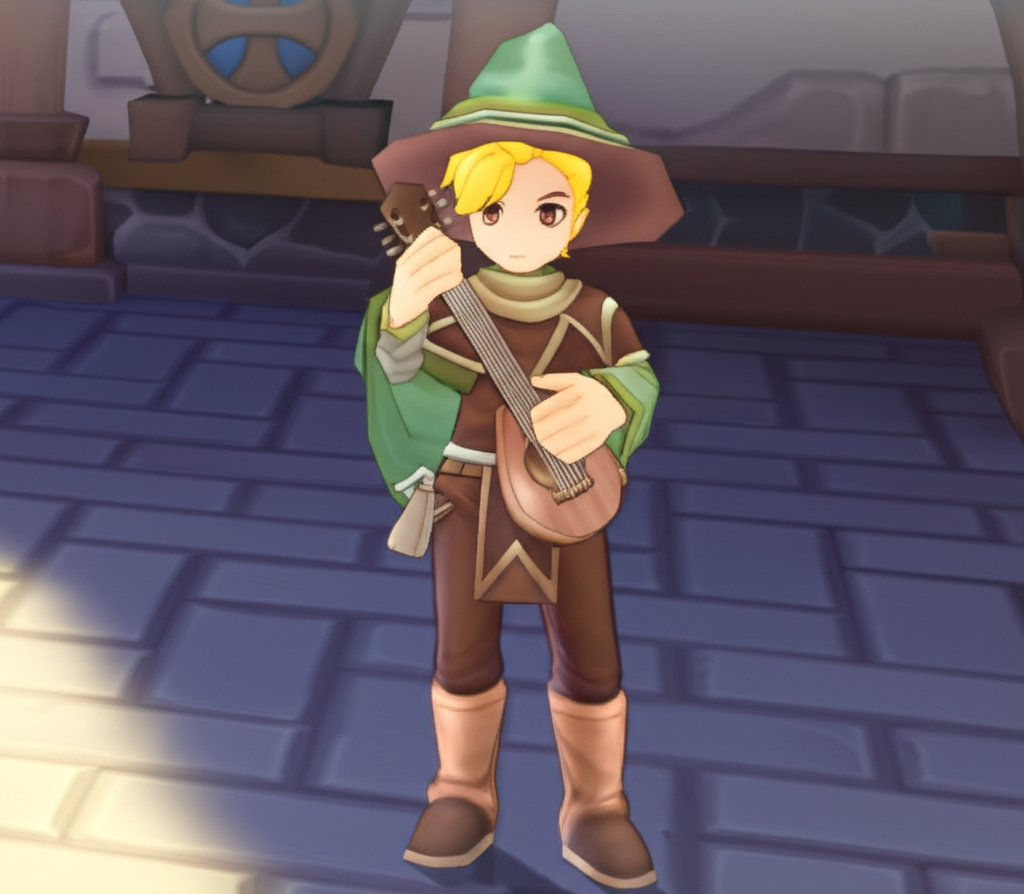 Yellow hair,brown coat,green cap