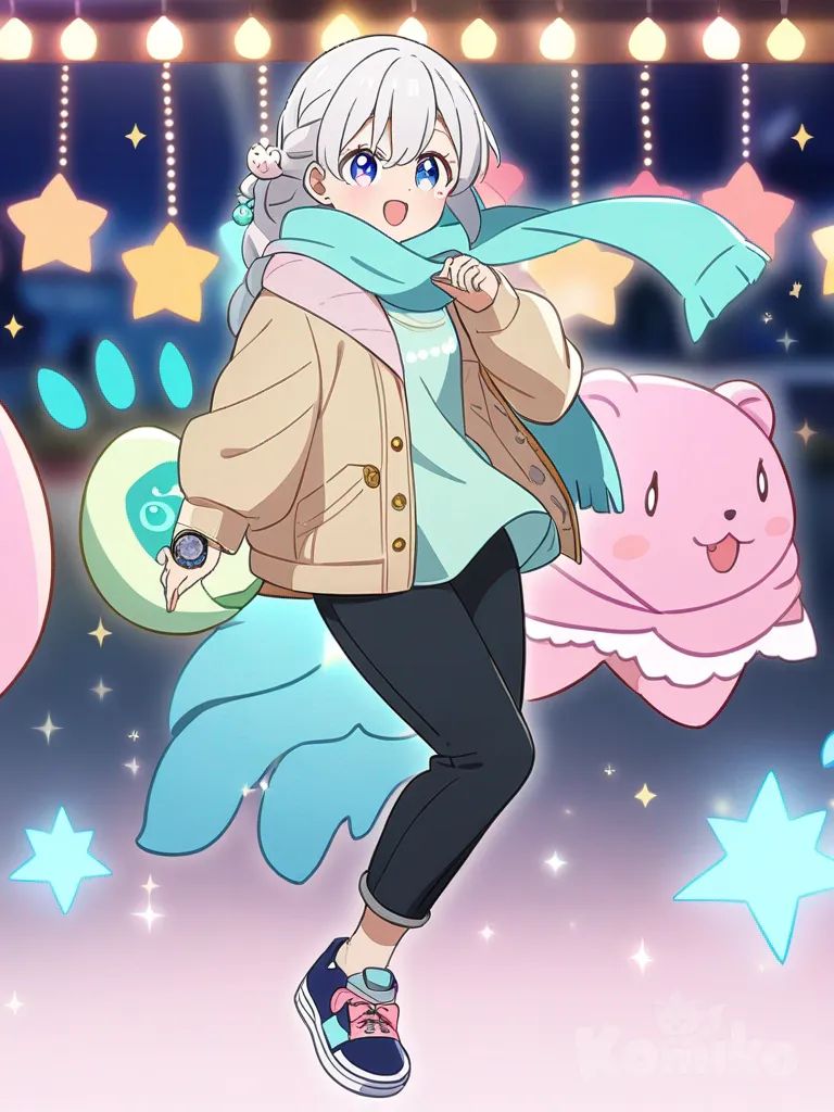 1girl, anime coloring, pastel colors, cheerful expression, playful outfit, braided hair, large sparkling eyes, cute accessories, vibrant background, fantasy theme, teenager, short, chubby, slim, silver hair, blue eyes, dimple, olive skin, casual pants, suit, t-shirt, ruffles, digital watch, scarf, single character, full body, looking at viewer, anime style, simple background, white background