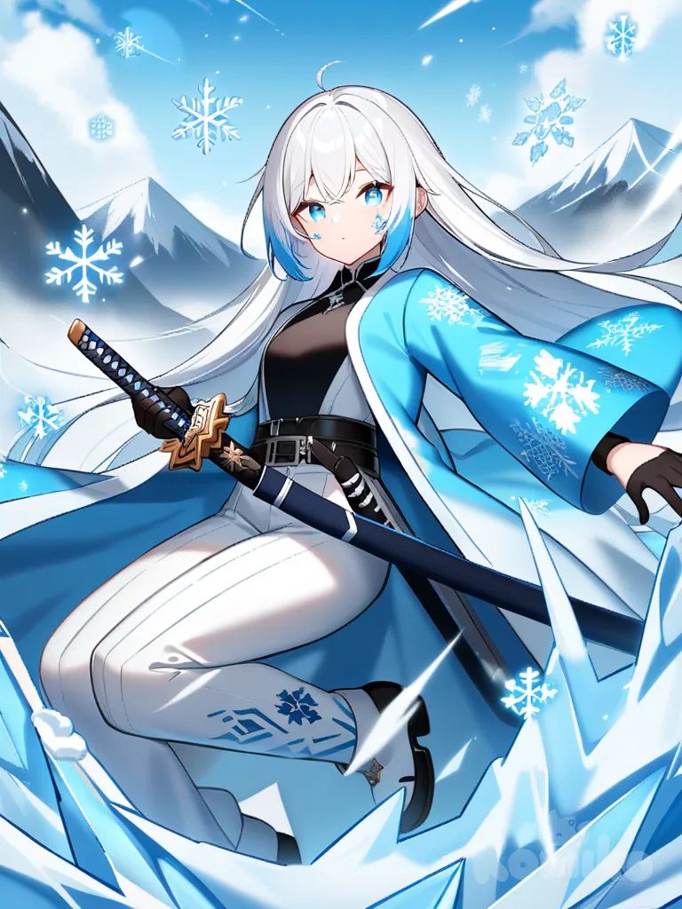 1girl, ojos azules celeste brillantes, pelo largo y blanco brillante con puntas azules celeste, haori muy largo con dibujos de montañas de nieve y copos de nieve, pantalones largos y grandes blancos con cinturón negro de cuero, botas pequeñas blancas, guantes negros, funda de katana azul celeste, katana blanca, marca de cazador de hielo en forma de fuego azul celeste en la mejilla, estilo Slayer, personaje original en el mundo de Slayer, estilo Demon Slayer, adolescente, corta, atlética, robusta, esbelta, peinado con moño, tatuaje, piel pálida, piel clara, aretes, single character, full body, looking at viewer, anime style, simple background, white background