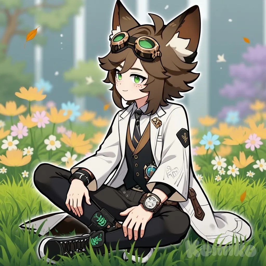 <alcatraz-bYch>, 2boys, Tartaglia (Genshin Impact), Genshin Impact style, watercolor, kissing, blush, sitting on lap, lab coat, suit pants, lace, hairpin, tie, steampunk goggles, fox ears, digital watch, ivory white, blurred background, side profile photo, full body, ambient light, city lights, grassland, flower field, leaves falling
