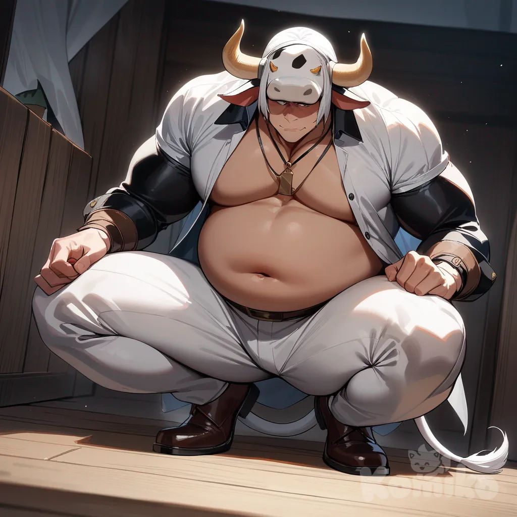 1male, cow horns, cow tail, large pectorals, large belly, squatting