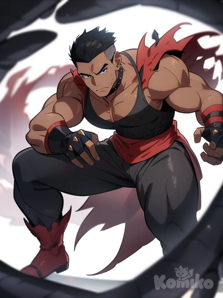 1boy, demon, mature, muscular, undercut, black hair, blue eyes, tan skin, thong, single character, full body, looking at viewer, anime style, simple background, white background