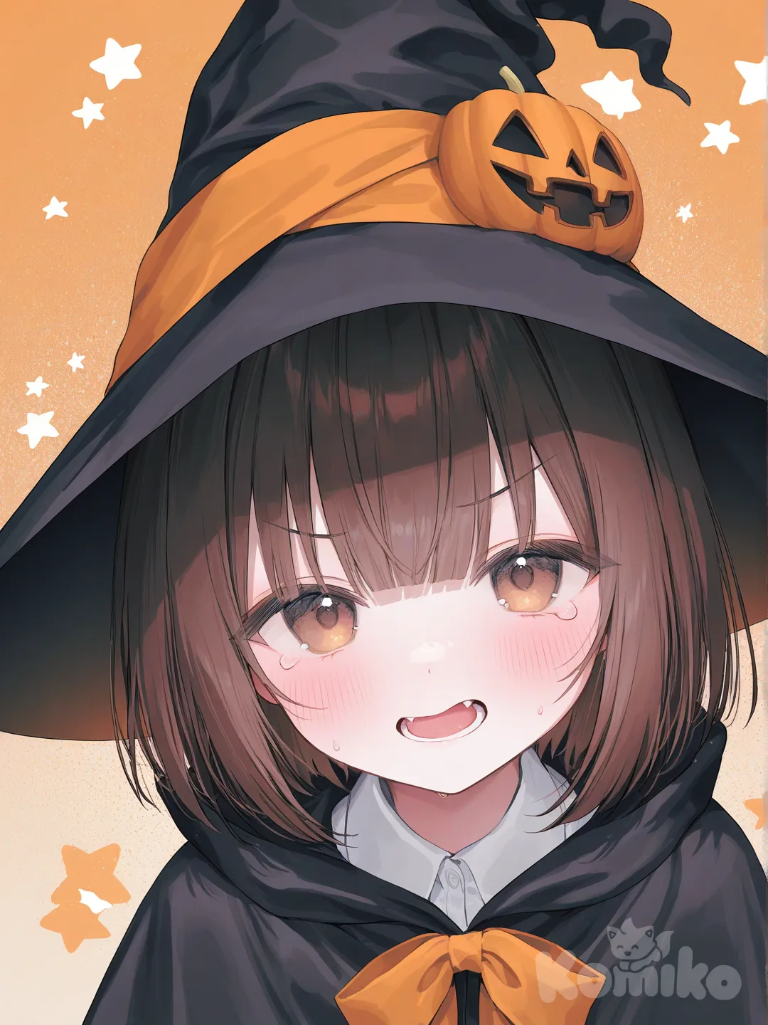 [soft-pastel-style] Halloween, Little Girl, Tsundere, Brown Short Hair, Secret Two Tones, Orange, Witch Hat, Tearsy, Frowned Face.