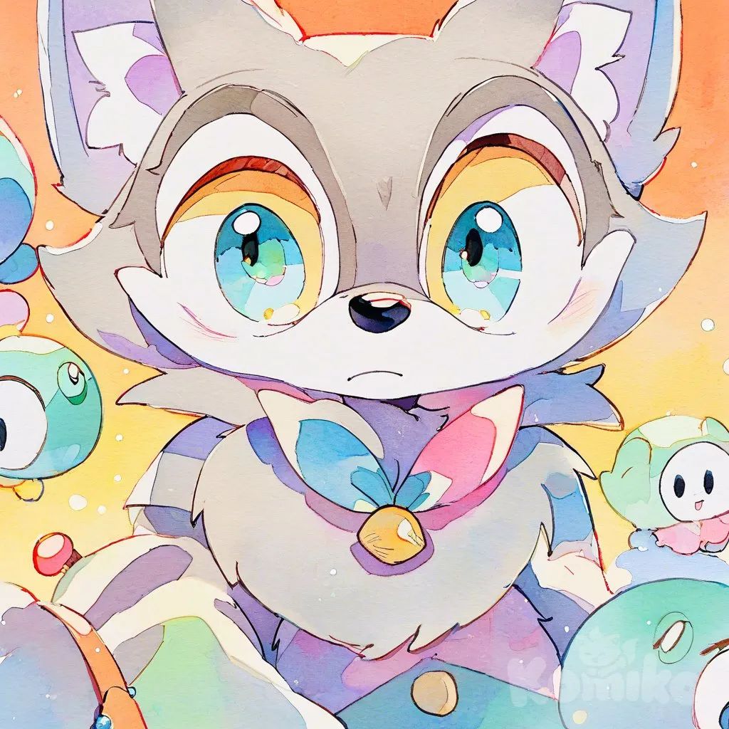 Whisper The Wolf,chibi, big head, small body, large eyes, blush, simple lines, bright colors, simple colors, cute, watercolor, anime coloring