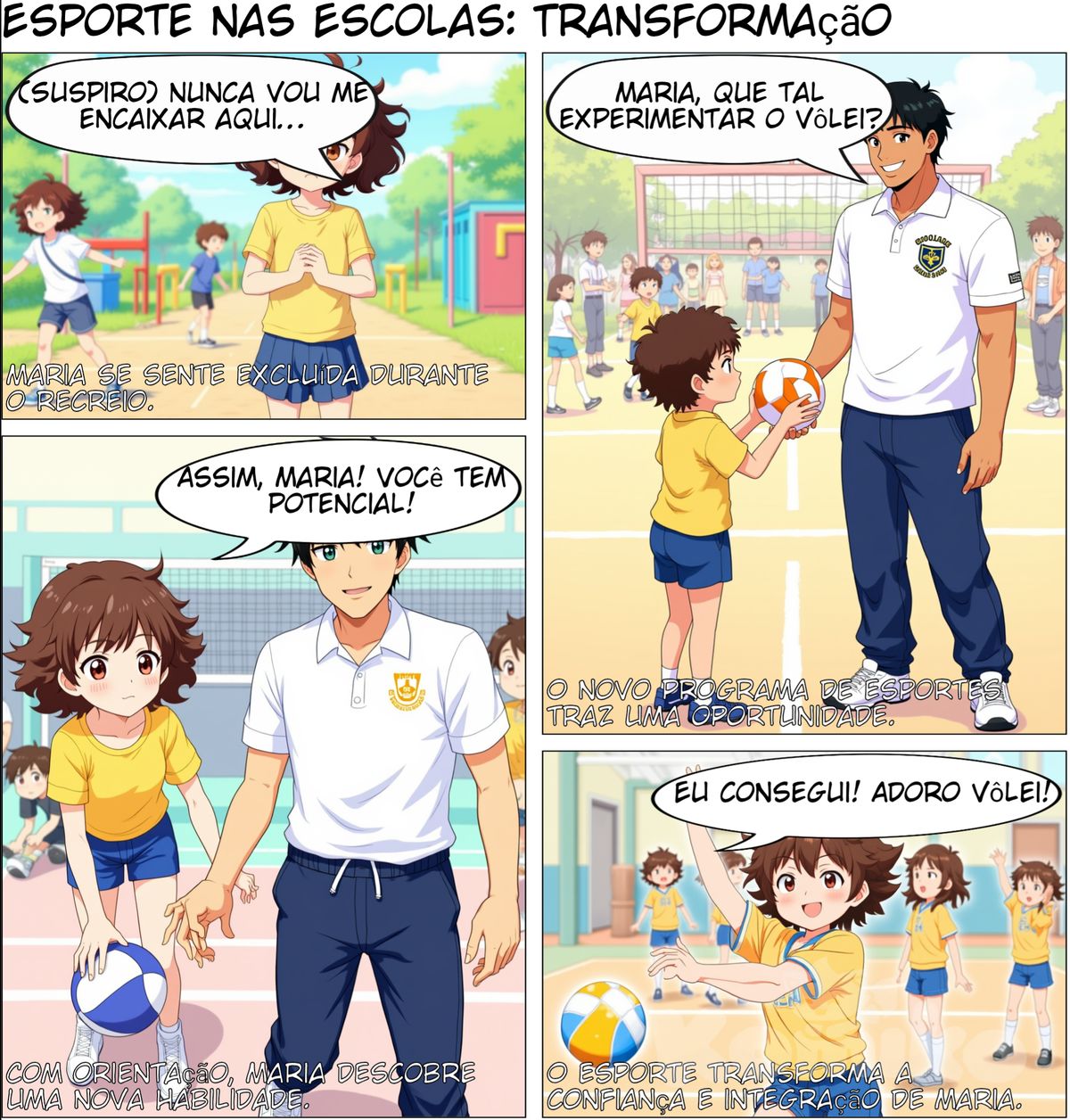 Crie quadrinhos sobre a inclusão do esporte nas escolas 