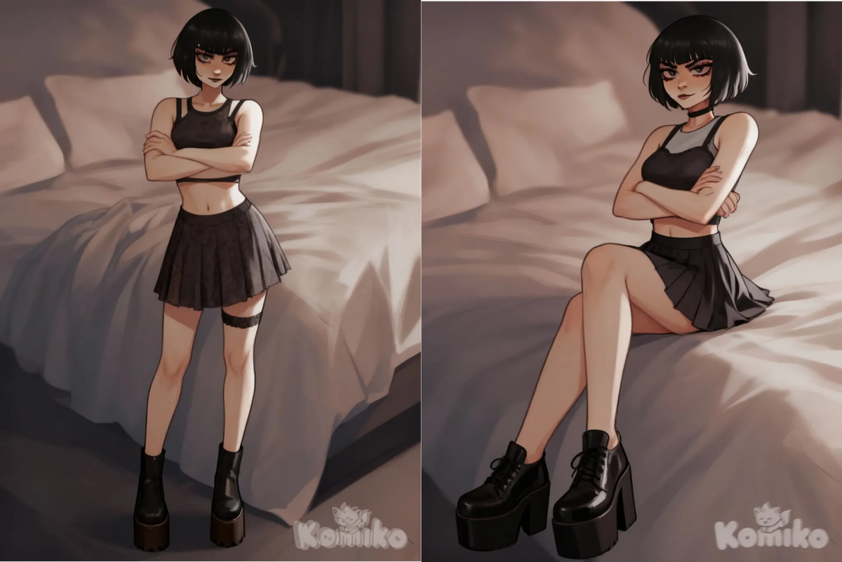 <lily-kiTb>, skirt, crop top, platform footwear, female pervert look, crossed arms, arrogant