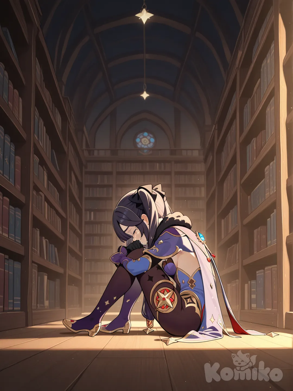 Mona (Genshin Impact), sitting on the ground, crying, depressed, full body, top light, side light, backlight, library