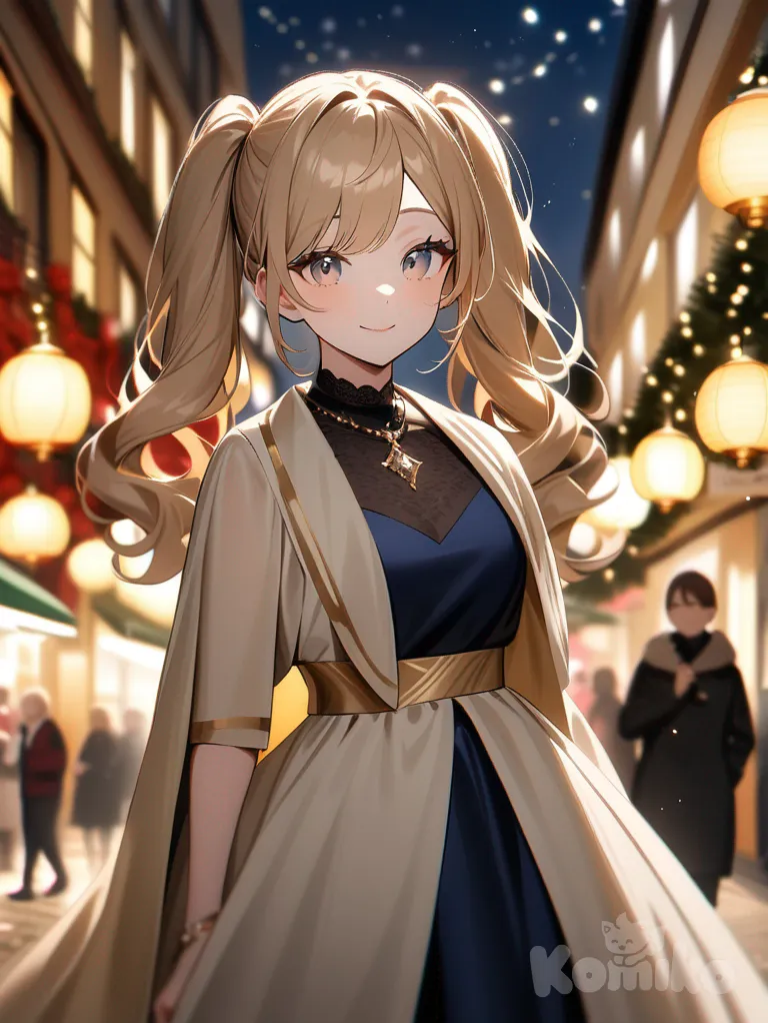 A photograph shows a full-length athletic young woman with long, vibrant blonde hair in pigtails. Her brown eyes radiate confidence with a radiant smile standing proudly on a festive street, radiating grace and elegance. She has captivating blue eyes and a charming smile, framed by her long, flowing brown hair that perfectly accentuates her face. Clad in a fashionable ensemble including a white sleeveless top with three circular cutouts, a red pleated skirt, heart-patterned black transparent tights, and black ankle boots, she embodies the essence of modern fashion. With her hands casually resting on her waist, she exudes an air of self-assuredness. El fondo realza la silueta de la mujer. Su cabello luce liso y bien definido, con suaves notas musicales y el nombre "Luis Arcy" flotando suavemente alrededor de sus pies.