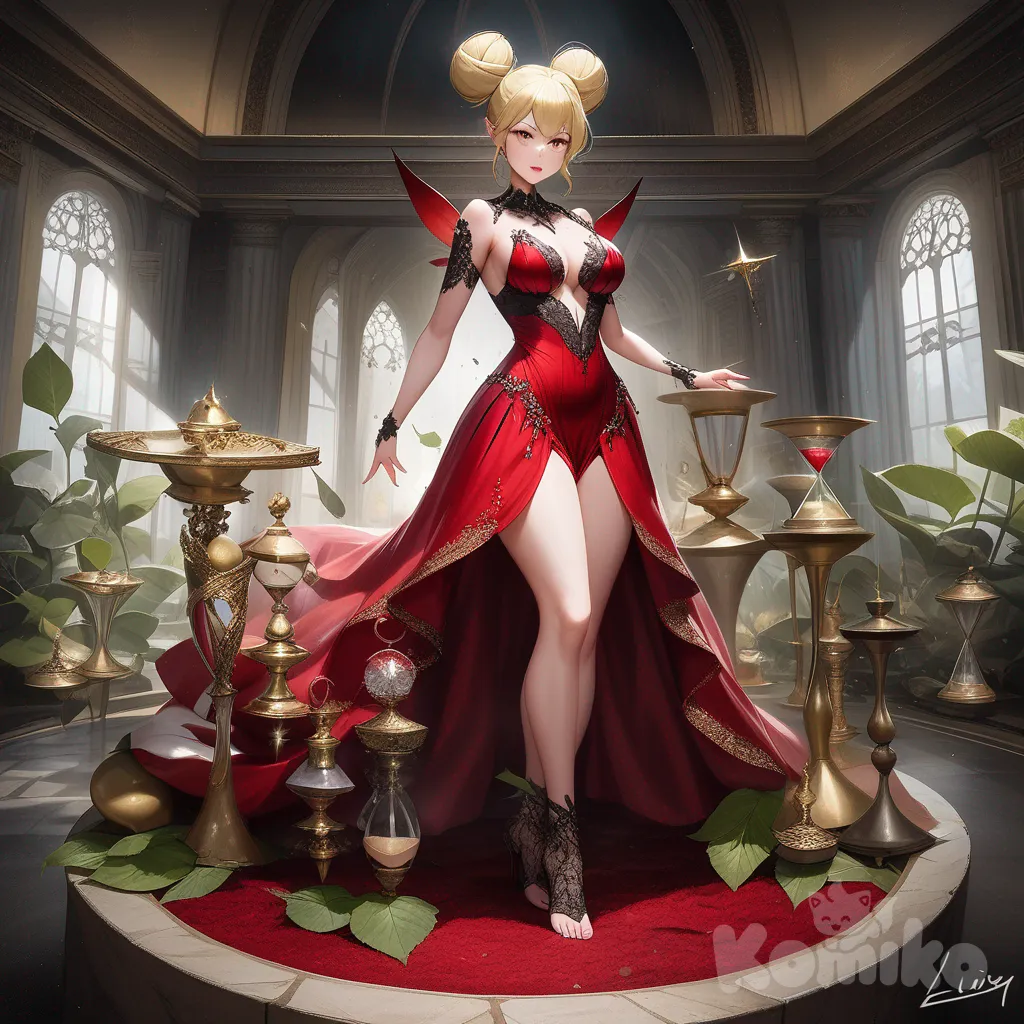 In a captivating digital photo, Tinker Bell stands resplendent with her blonde hair styled into a tight bun secured by a black chain. She wears an ultra-revealing, form-fitting red dress made from dark, leafy fabric, adorned with silver studs and lace, accentuating her hourglass figure and prominent bosom. At her feet, Luis Arcy's signature and a vibrant rainbow-colored treble clef whimsically decorate the ground, adding a touch of whimsy. Her large, intricate wings, made of dark, translucent material with shimmering streaks of dark purple and black, stretch gracefully behind her. Set against a backdrop of a dark, fog-filled forest with twisted, leafless trees and eerie, glowing mushrooms