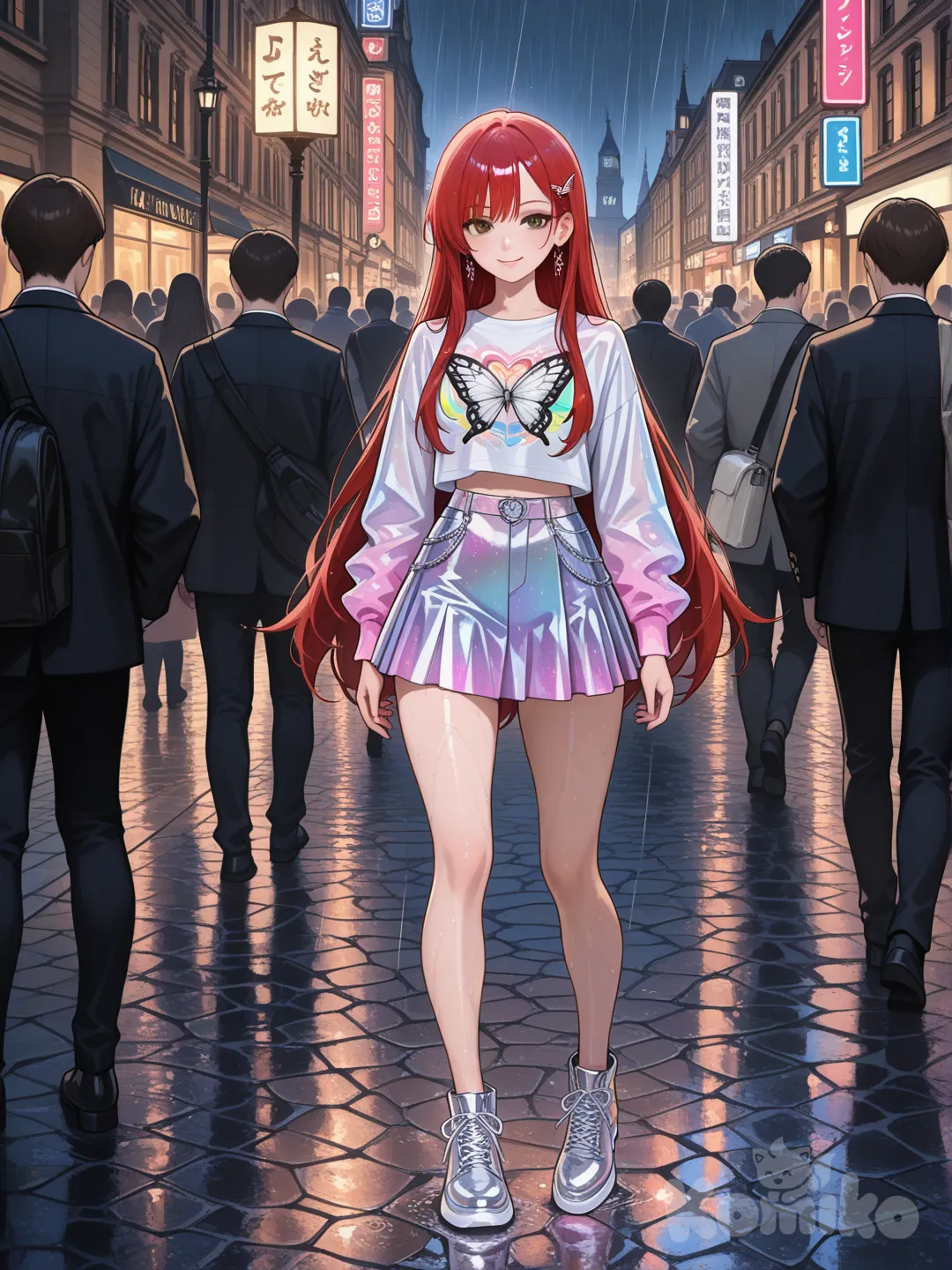 An ultra-photograph shows a full-length, athletic, beautiful, and slender 25-year-old woman with a realistic body. capturing a stunning woman stand with super-long, straight blonde hair Her brown eyes radiate confidence with a radiant smile , standing confidently on the rain-slicked London cobblestones, dressed in a vibrant, punk-inspired miniskirt outfit with a delicate silver butterfly hairpin holding back her fiery red hair. The scene is filled with a charming atmosphere of activity and warm, captivating colors. El fondo realza la silueta de la mujer. Su cabello luce liso y bien definido, con suaves notas musicales y el nombre "Luis Arcy" flotando suavemente alrededor de sus pies.