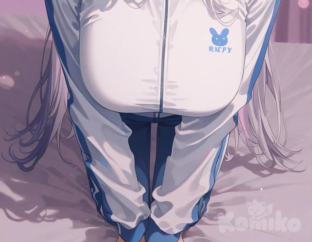 [iridescent-style], 1girl, cat girl, rabbit ears, tracksuit, blush, smile, kneeling on bed, lovely style bedroom, (huge breasts:2.8), long silver hair, blue highlights, green eyes