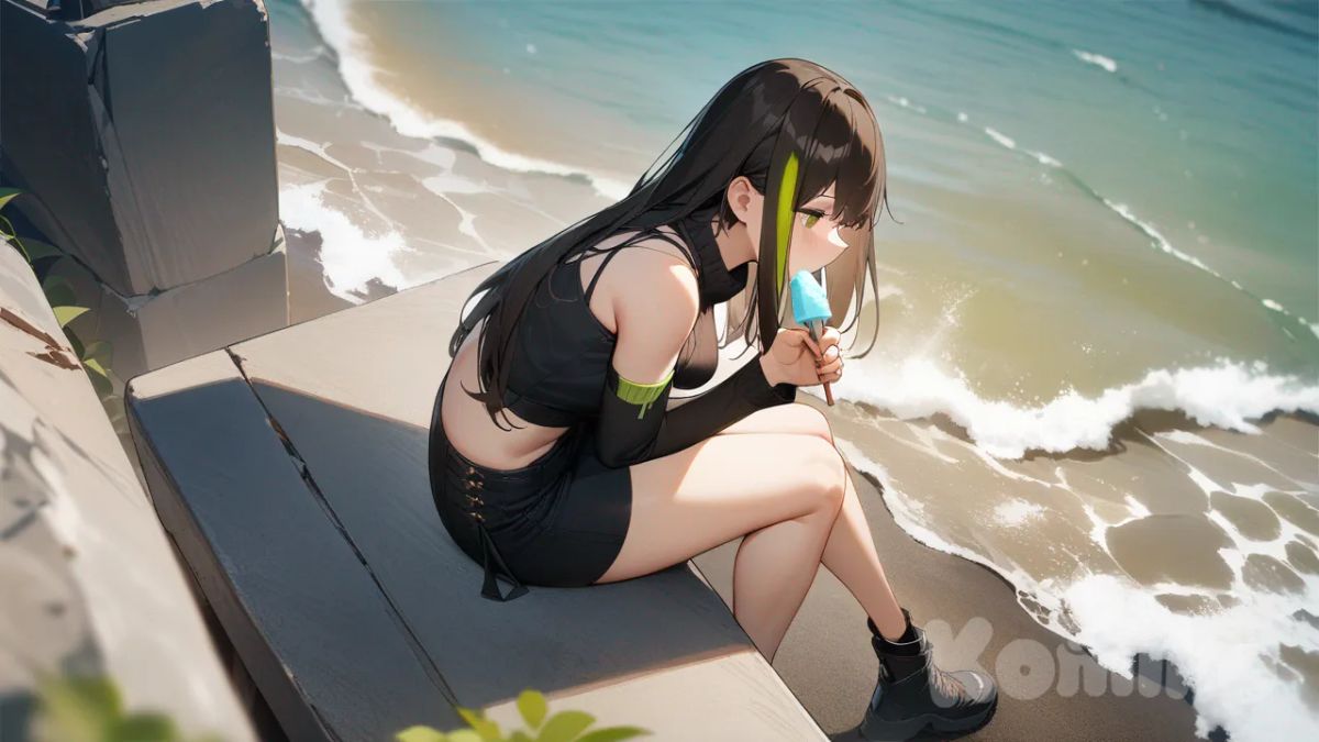 m4a1 (girls' frontline), sitting on ledge by the sea, eating ice cream, full body, highest quality, intricate details, 1girl