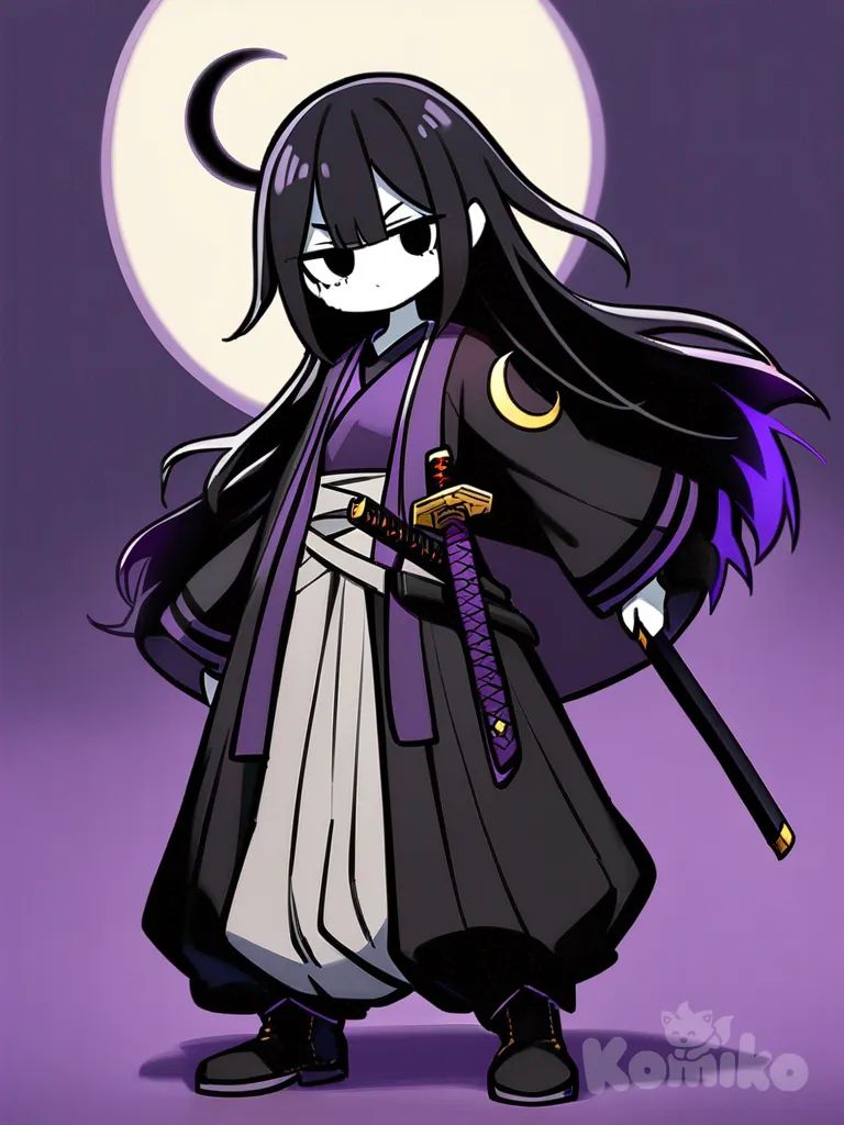 1girl, ojos negros con detalles morados oscuros brillantes, haori largo con estrellas, parte de arriba morada oscura, parte de abajo negra, luna llena en la espalda, pelo largo negro con puntas moradas oscuras, piel blanca, pantalones largos y grandes, pequeñas botas negras, marca de cazador en forma de luna creciente en las mejillas, funda de katana en la cintura, Slayer style, adolescente, atlética, corta, moño, pecas, tatuaje, piel clara, single character, full body, looking at viewer, anime style, simple background, white background