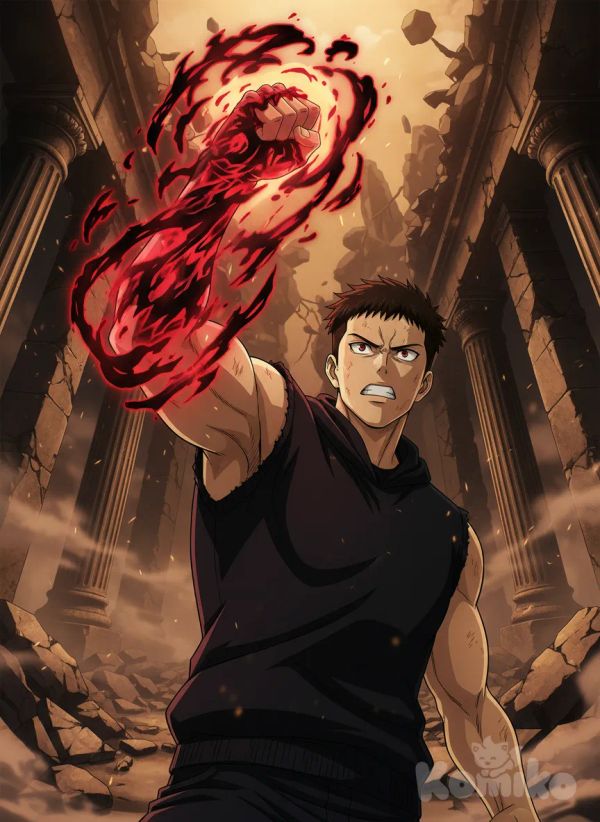 <raiden-kurogane-jbbB>,raising his right arm wrapped in red and black energy, angry,Black sleeveless sweatshirt, from below, cinematic lighting, ruins