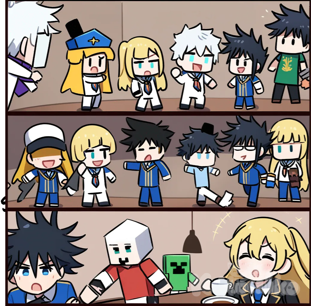 Gojou Satoru, Fushiguro Megumi, oil-pasto style, Minecraft style, holding sword, hands in pockets, holding gun, school uniform, full body, stage light, restaurant
