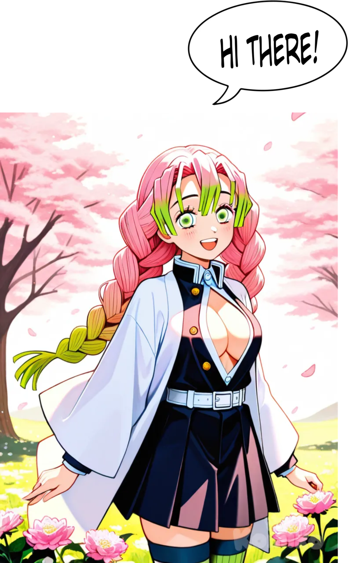 Kanroji Mitsuri, love hashira, demon slayer uniform, happy, serene, beautiful meadow, perfect view