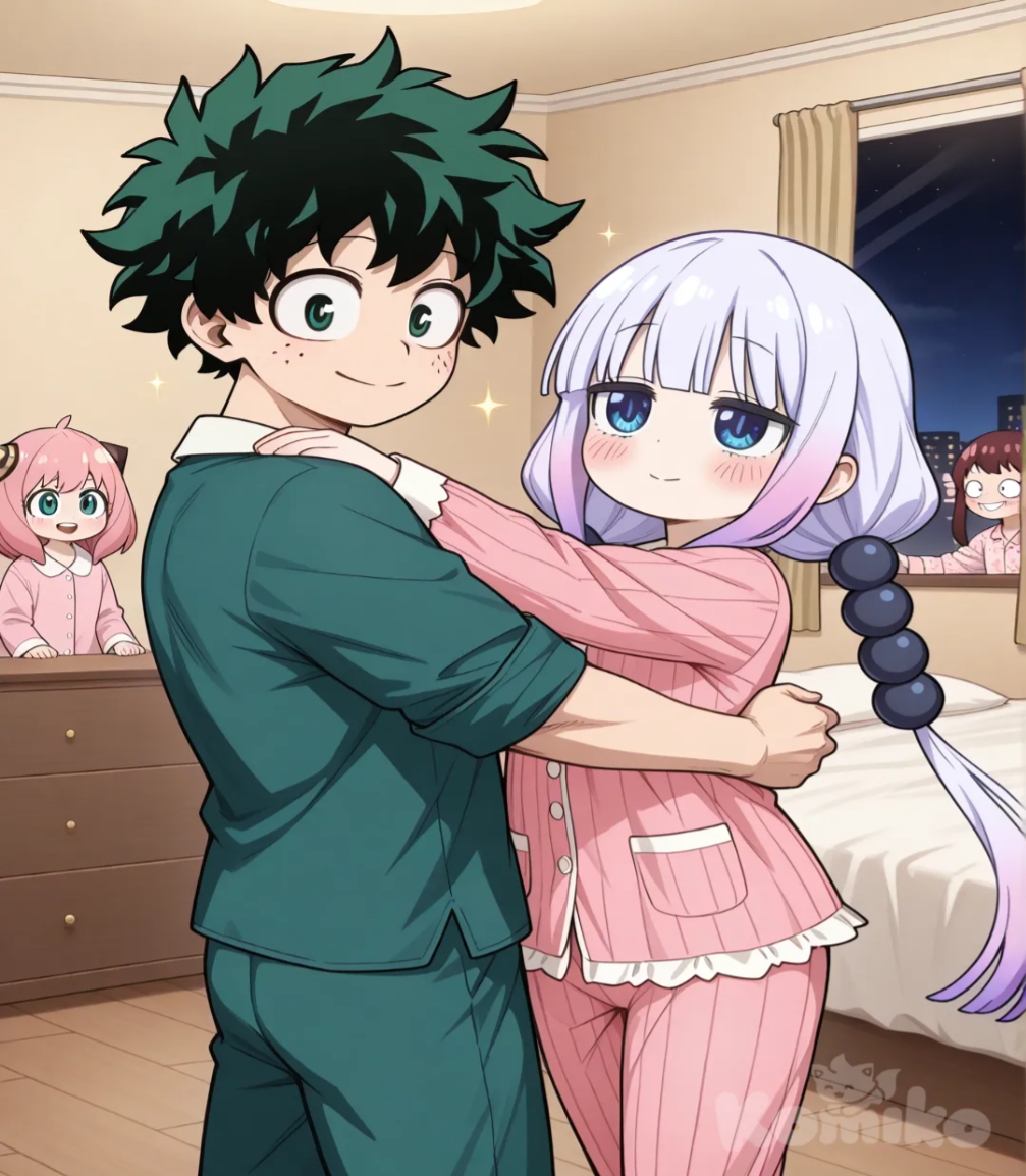 1boy, 2girls, Anya (Spy X Family), Midoriya Izuku, kanna kamui, dancing, pajamas, headshot, night, habitacion