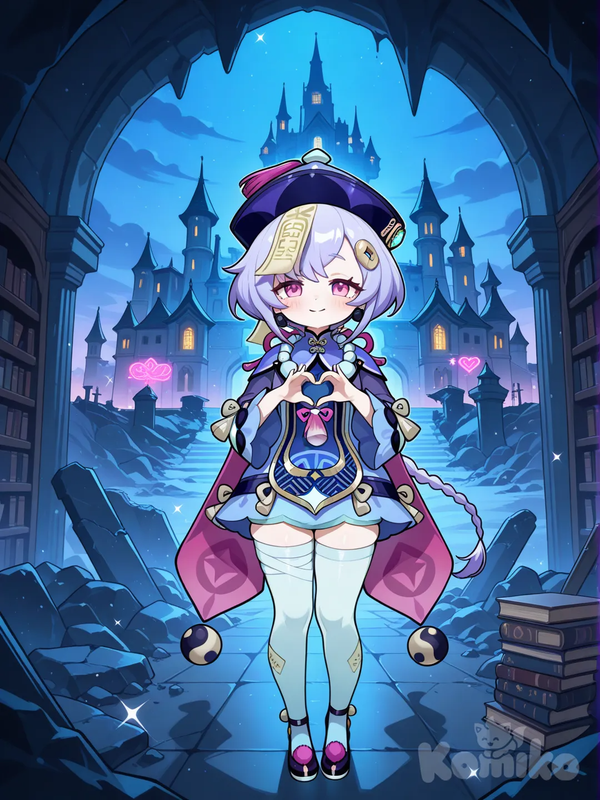 Qiqi (Genshin Impact), heart hands, smile, smirk, blush, full body, night, twilight, city lights, sparkle, neon lights, castle, cave, ruins