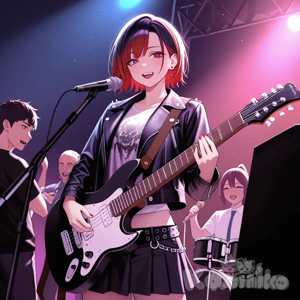 3people, metalcore band, guitar, batery, concert, punk leather jacket