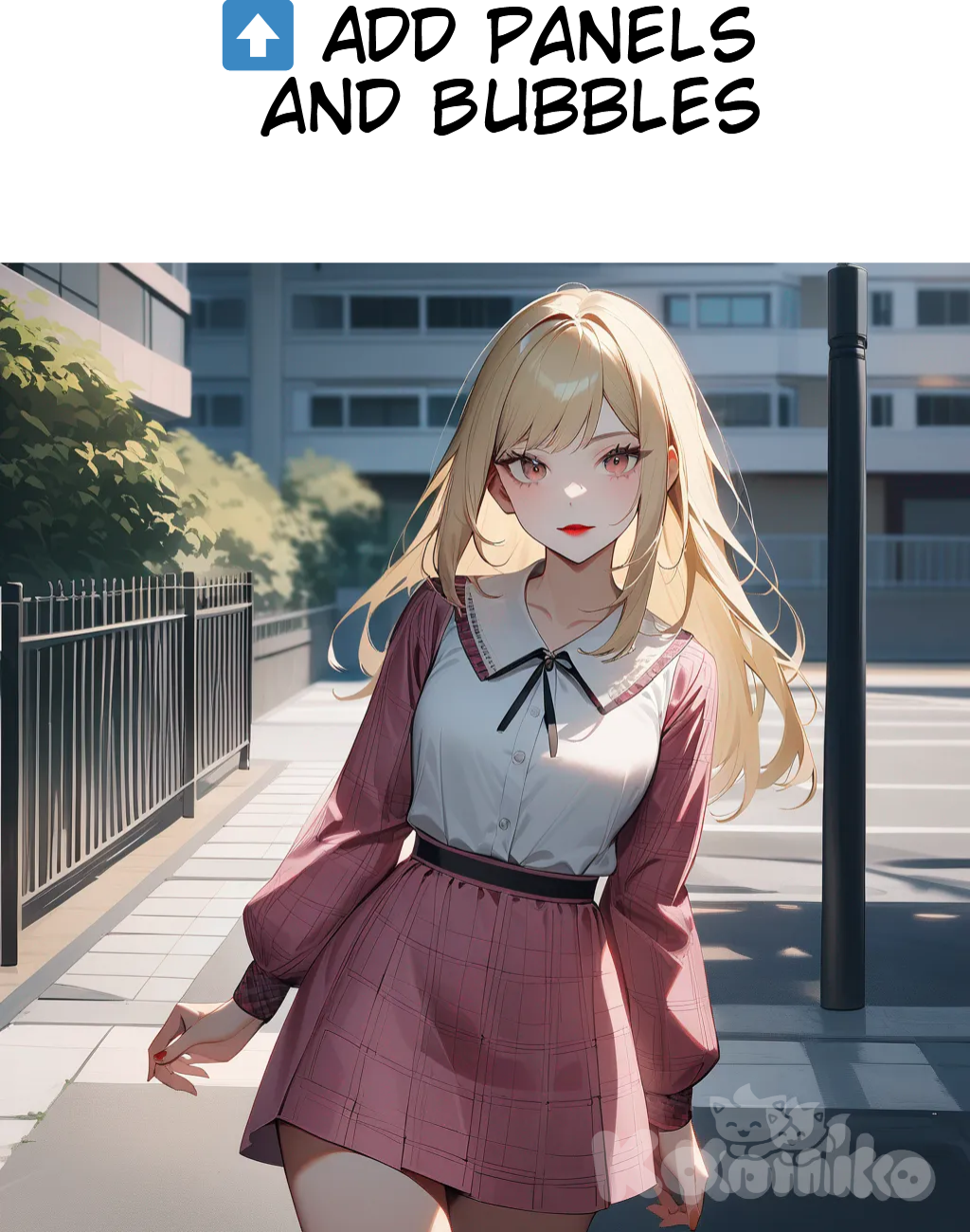A woman with long, straight blonde hair stands in a schoolyard, wearing a stylish and modern schoolgirl outfit: a lightweight, fitted blouse with plaid trim on the sleeves and a pink miniskirt. Her confident gaze and bold red lips create a stark contrast with her light complexion. Subtle musical notes and the text "Luis Arcy" are intricately woven at her feet, lending a serene and artistic touch. Soft, ethereal lighting bathes her in a warm golden glow, enhancing her elegance and contemporary fashion appeal.