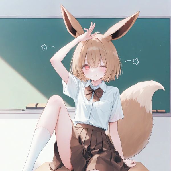 @Eevee, 拟人, school uniform, 白色上衣, 棕色裙子, full body, closeup, classroom, blush, smile, one eye closed, [soft-pastel-style], 坐在书桌上, white socks
