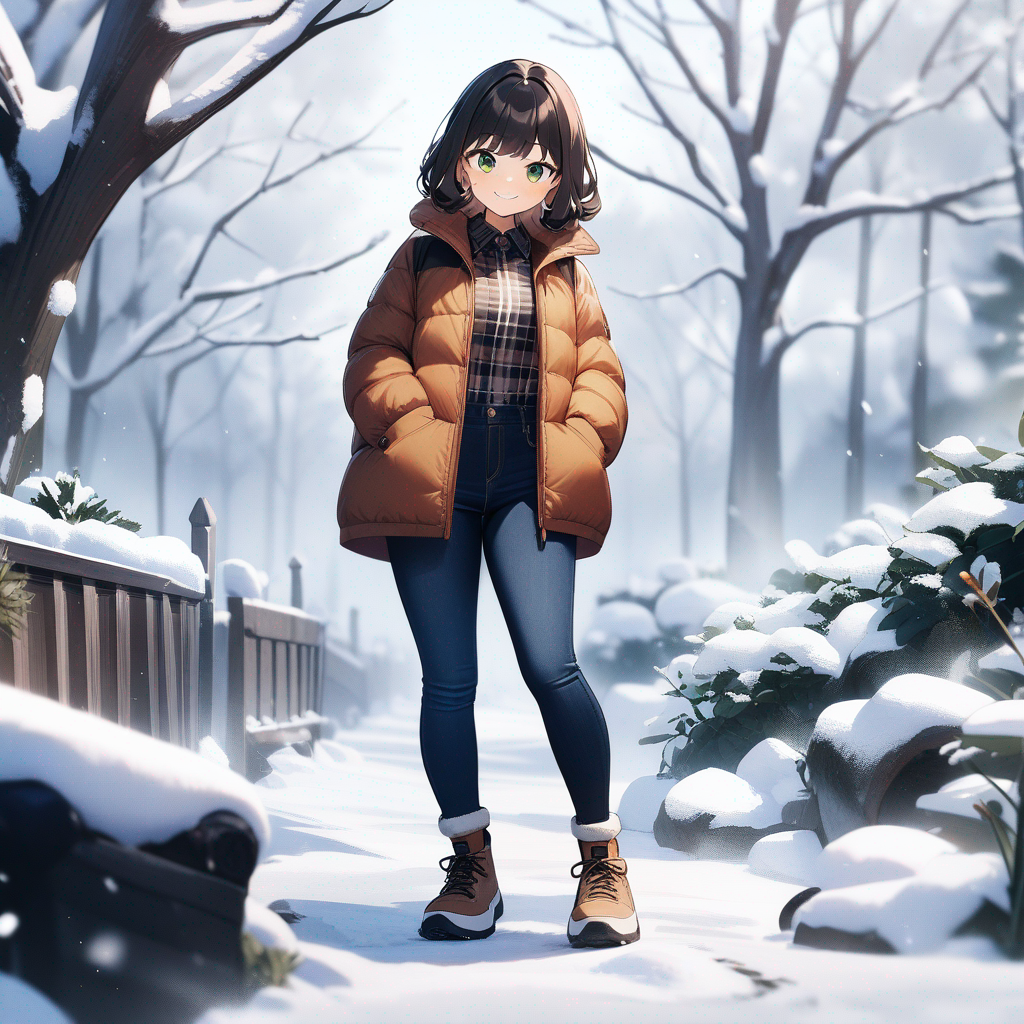 1girl, <suzuka-Yn1g>, hands in pockets, smile, plaid shirt, jeans, down jacket, looking at viewer, full body, snowy, 2.5d style
