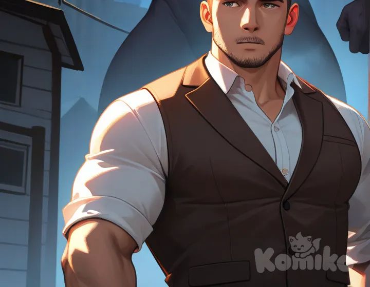 1boy, anime coloring, pixel art, holding gun, vest, monster, monster boy, muscular, muscular male, bara, ambient light, upper body