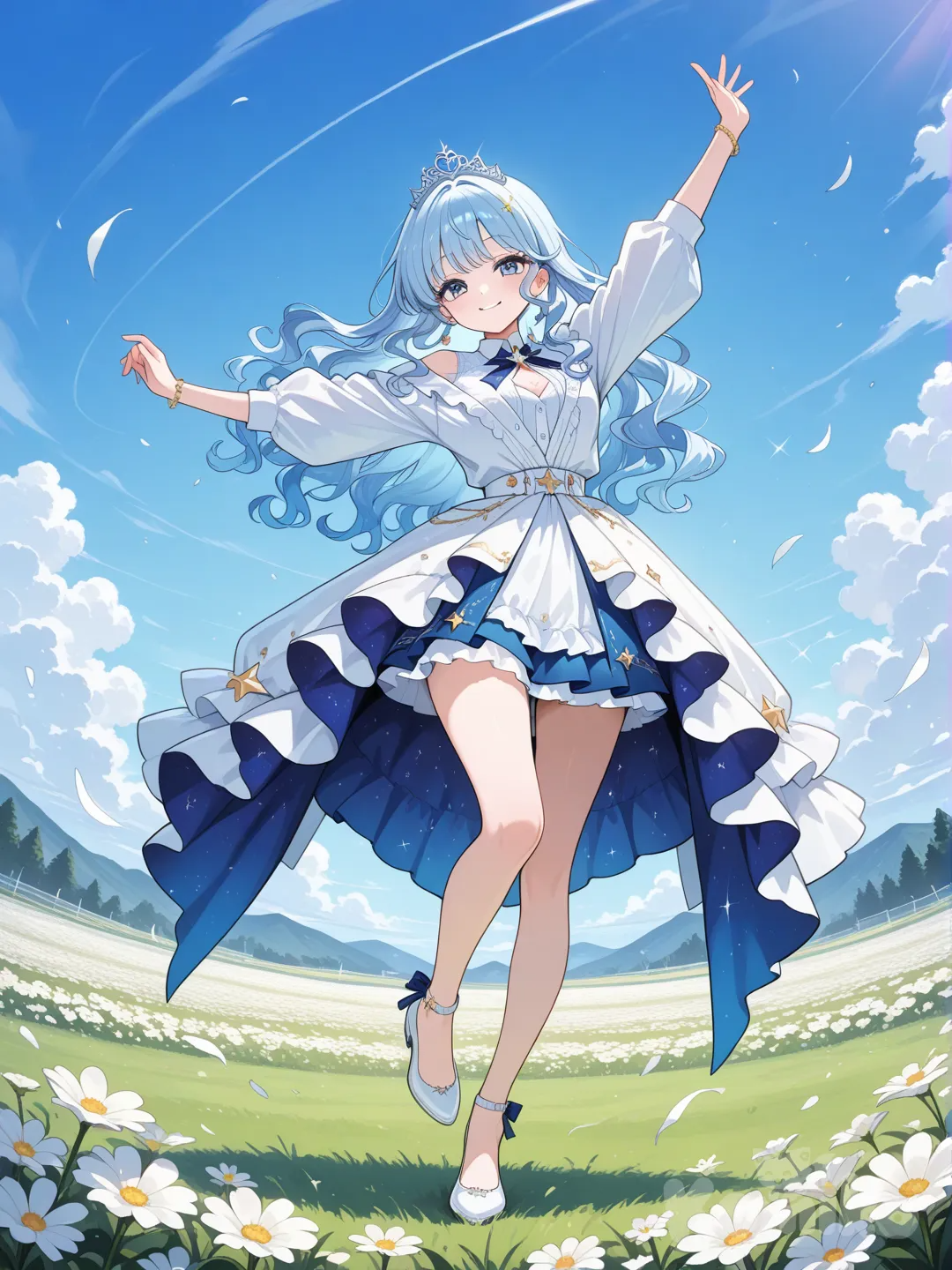 @katie-4B0T, flower field, dancing, standing on one leg, knees, smile, outstretched arms, arms up, blue sky, school uniform, miniskirt, partially unbuttoned, shirt