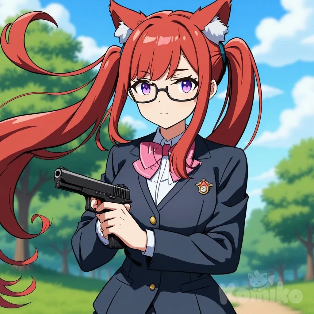 holding gun, suit, bow tie, updo, closeup, full body, day, park, <rakonido-0DKj>, Yae Miko, 2girls