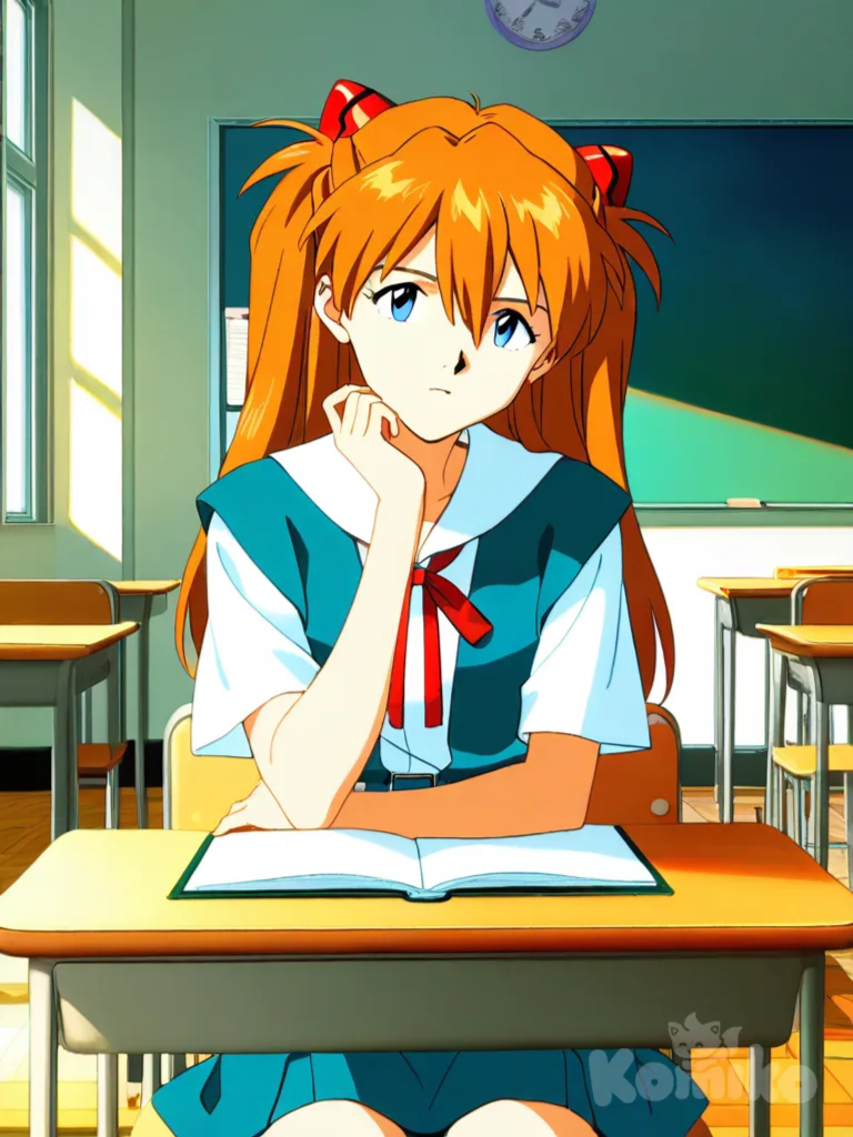 souryuu asuka langley, anime screencap, retro artstyle, neon genesis evangelion, school uniform, classroom, confident pose, cocky expression