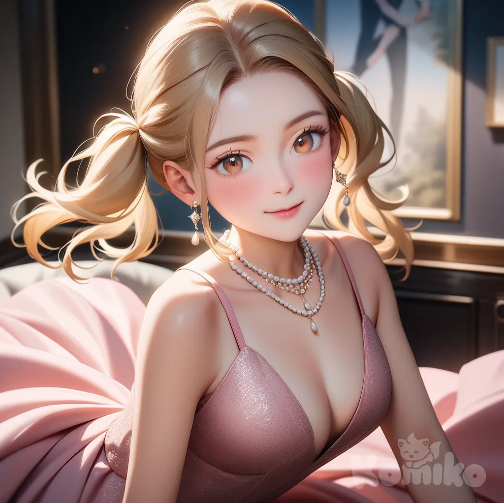 "A photograph in a soft, romantic style, reminiscent of Annie Leibovitz, captures a youthful, athletic woman with long, vibrant blonde hair playfully styled in pigtails, her warm brown eyes sparkling with confidence as she offers a radiant smile while elegantly showcasing a blush pink lace gown featuring a daring high slit, adorned with a delicate pearl necklace, pearl earrings, and a sleek silver clutch. A delicate treble clef gracefully intertwines the name "Luis Arcy" as a serene artistic element against a backdrop of a warmly lit, overgrown, classical garden bathed in golden hour sunlight, with scattered rose petals delicately strewn across the foreground. Partially obscured by climbing ivy and flowering vines,nostalgia."