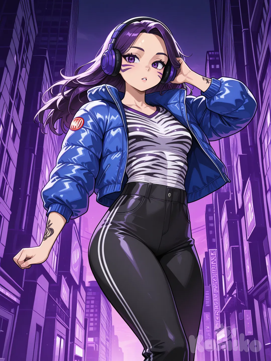 1girl, Marvel style, superhuman, original character in the Marvel universe, teenager, athletic, long hair, purple eyes, tattoo, fair skin, henley shirt, wide-leg pants, down jacket, zebra print, headphones