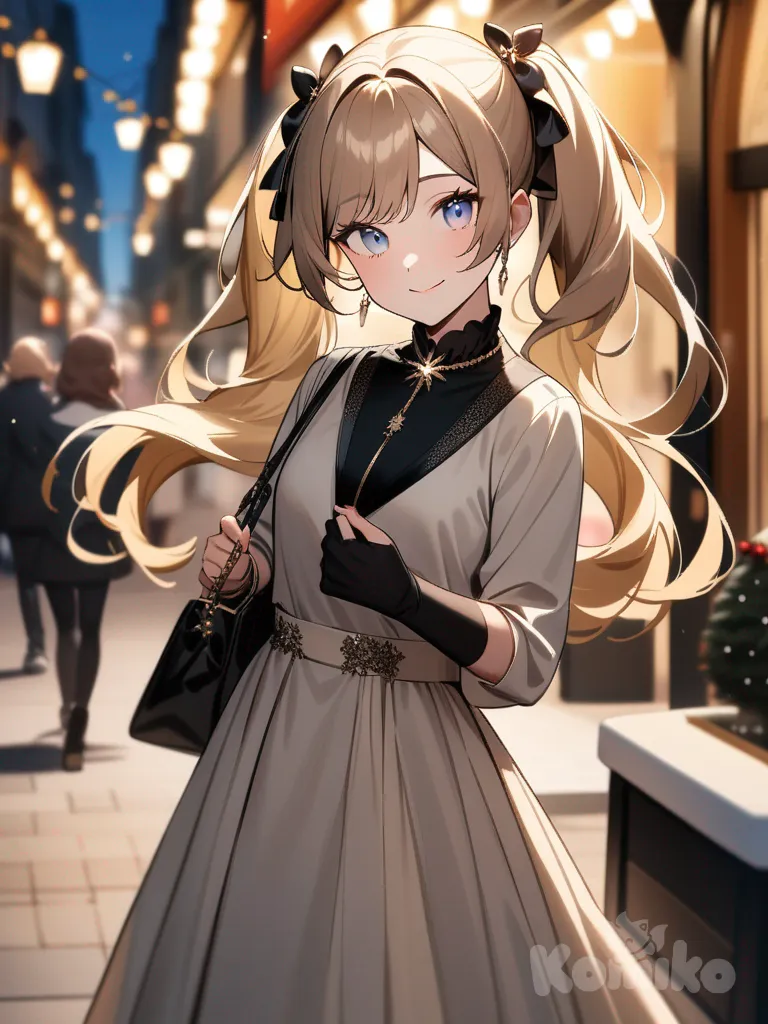 A photograph shows a full-length athletic young woman with long, vibrant blonde hair in pigtails. Her brown eyes radiate confidence with a radiant smile standing proudly on a festive street, radiating grace and elegance. She has captivating blue eyes and a charming smile, framed by her long, flowing brown hair that perfectly accentuates her face. Clad in a fashionable ensemble including a white sleeveless top with three circular cutouts, a red pleated skirt, heart-patterned black transparent tights, and black ankle boots, she embodies the essence of modern fashion. With her hands casually resting on her waist, she exudes an air of self-assuredness. The vibrant cityscape behind her shimmers with the magic of twinkling Christmas lights, casting a warm and enchanting glow. con suaves notas musicales y el nombre "Luis Arcy" flotando suavemente alrededor de sus pies.